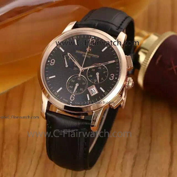Fake Vacheron Constantin Geneve Quartz Rose Gold Black Watch